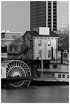 Paddle Steamers, historic house, and high rise building. Sacramento, California, USA (black and white)