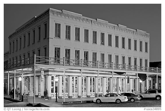 Gold-rush area building at night,  Old Sacramento. Sacramento, California, USA