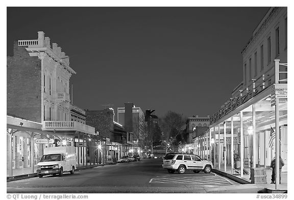 Old Sacramento street at night. Sacramento, California, USA