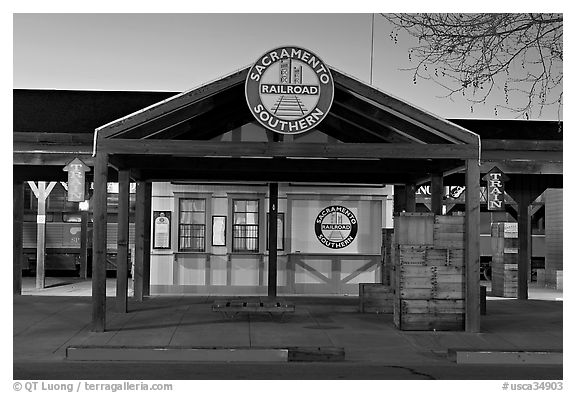 Southern Railroad station at dusk. Sacramento, California, USA (black and white)