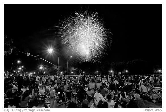 Crowds watching fireworks, Independence Day. San Jose, California, USA (black and white)