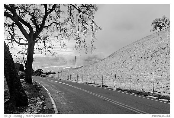 Mount Hamilton road, snowy hills,  and Silicon Valley. San Jose, California, USA (black and white)