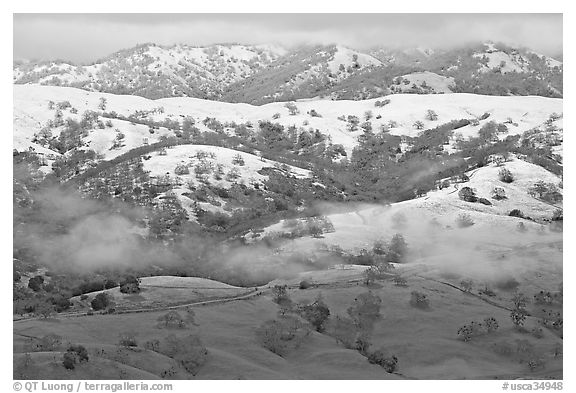 Snow on top of green hills of Mount Hamilton Range. San Jose, California, USA (black and white)