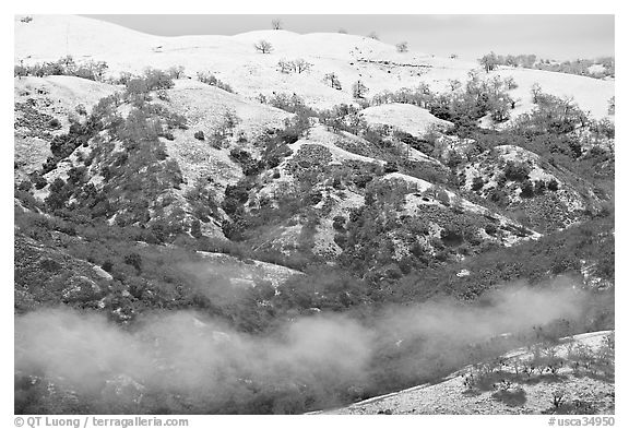 Snow and fog on Mount Hamilton Range. San Jose, California, USA (black and white)