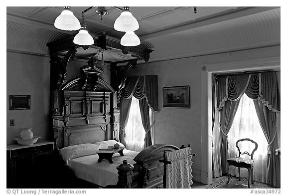 Room where Mrs Winchester died. Winchester Mystery House, San Jose, California, USA (black and white)