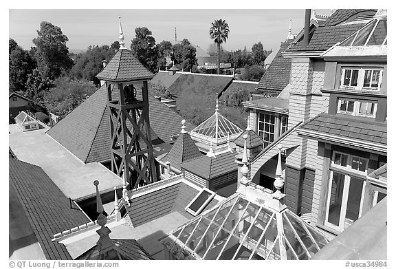 Rooftops. Winchester Mystery House, San Jose, California, USA (black and white)