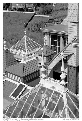 Roofs of some of the 160 rooms. Winchester Mystery House, San Jose, California, USA (black and white)