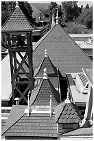 Rooftop detail. Winchester Mystery House, San Jose, California, USA (black and white)