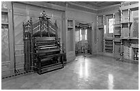 Ballroom and organ. Winchester Mystery House, San Jose, California, USA (black and white)