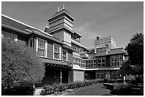 Garden and courtyard. Winchester Mystery House, San Jose, California, USA (black and white)