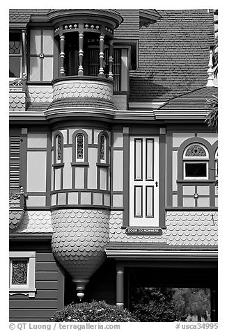 Door to nowhere. Winchester Mystery House, San Jose, California, USA (black and white)