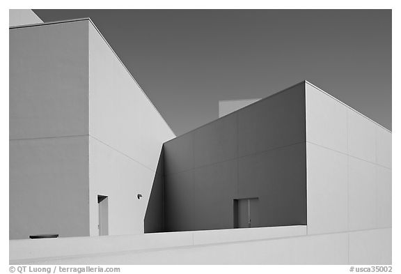 Angular pink volumes of the  Children Discovery Museum. San Jose, California, USA (black and white)