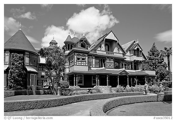 Gardens and facade, morning. Winchester Mystery House, San Jose, California, USA (black and white)