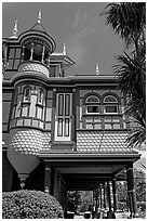 Door to nowhere, opening to a one-story drop. Winchester Mystery House, San Jose, California, USA ( black and white)