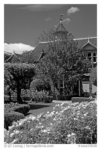 Backyard gardens. Winchester Mystery House, San Jose, California, USA (black and white)