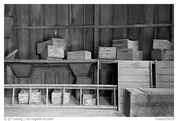 Fruithouse interior. Winchester Mystery House, San Jose, California, USA (black and white)