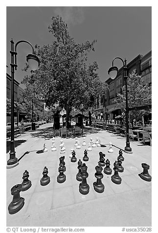 Chess set. Santana Row, San Jose, California, USA (black and white)
