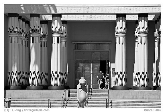 Facade of the  Rosicrucian  Egyptian Museum  with tourists entering. San Jose, California, USA
