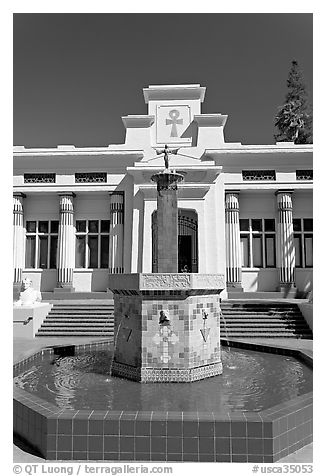 Fountain and temple, Rosicrucian Park. San Jose, California, USA (black and white)