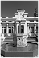 Fountain and temple, Rosicrucian Park. San Jose, California, USA (black and white)