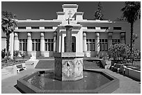 Fountain and temple, Rosicrucian Park. San Jose, California, USA (black and white)