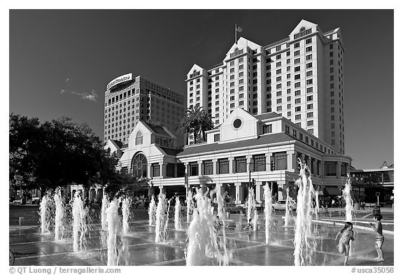 Fountain on Plaza de Cesar Chavez and Fairmont Hotel. San Jose, California, USA (black and white)