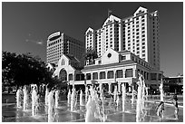 Fountain on Plaza de Cesar Chavez and Fairmont Hotel. San Jose, California, USA (black and white)