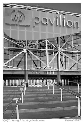 Facade of the HP Pavilion with person walking out. San Jose, California, USA