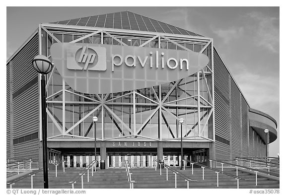 Facade of the HP Pavilion, late afternoon. San Jose, California, USA (black and white)