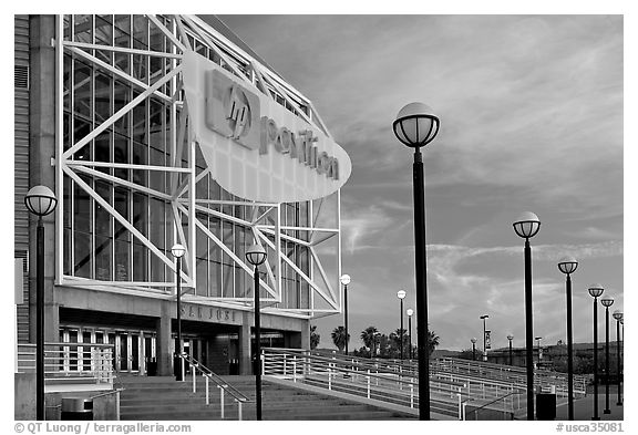 HP Pavilion at San Jose, sunset. San Jose, California, USA (black and white)