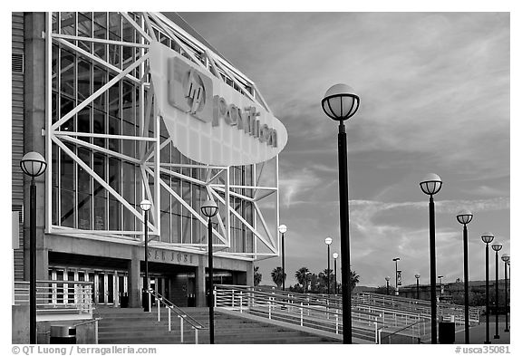 HP Pavilion at San Jose, sunset. San Jose, California, USA (black and white)