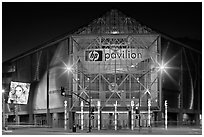 HP Pavilion and street at night. San Jose, California, USA (black and white)