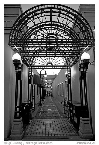 Alley and gate leading to Castro Street, Mountain View. California, USA (black and white)