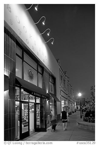 Books Inc bookstore and cafe at night, Castro Street, Mountain View. California, USA (black and white)