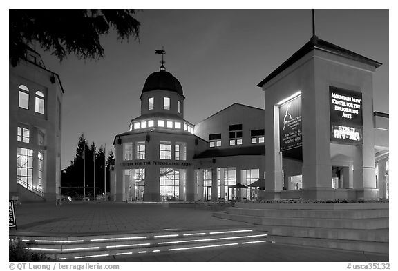 Center for Performing Arts at dusk, Castro Street, Mountain View. SF Bay area, California, USA