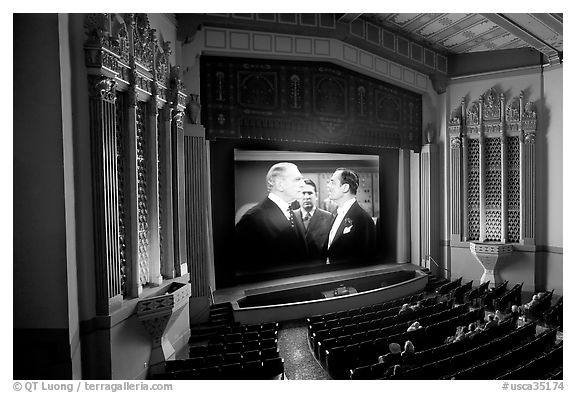 Classic black and white movie showing in Stanford Theatre. Palo Alto,  California, USA