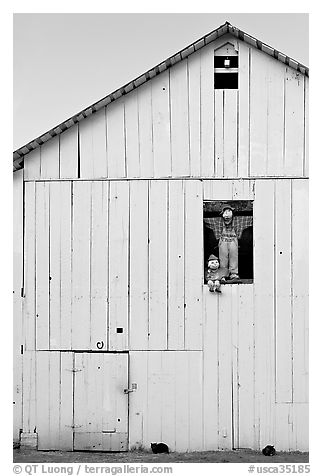 Figures in barn window and cats, Rancho San Antonio Preserve, Los Altos. California, USA