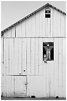 Figures in barn window and cats, Rancho San Antonio Preserve, Los Altos. California, USA ( black and white)
