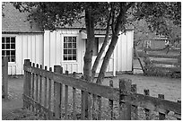 Fence and  Happy Hollow Farm, Rancho San Antonio Open Space Preserve, Los Altos. California, USA ( black and white)