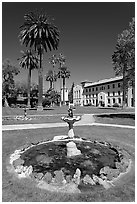 Fountain and lawn near mission, Santa Clara University. Santa Clara,  California, USA (black and white)
