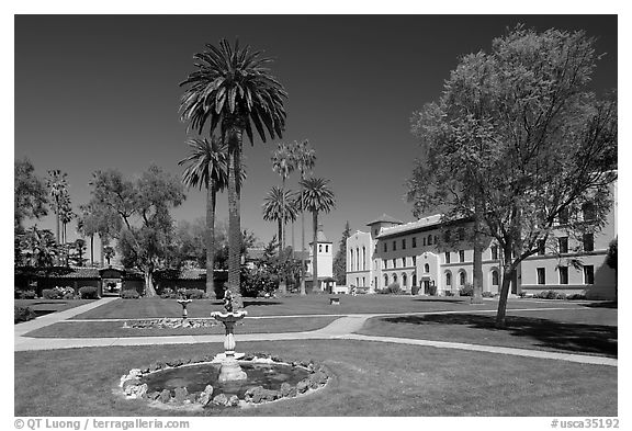 Fountain and gardens near mission, Santa Clara University. Santa Clara,  California, USA