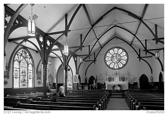 Nativity Church Interior and stained glass. Menlo Park,  California, USA