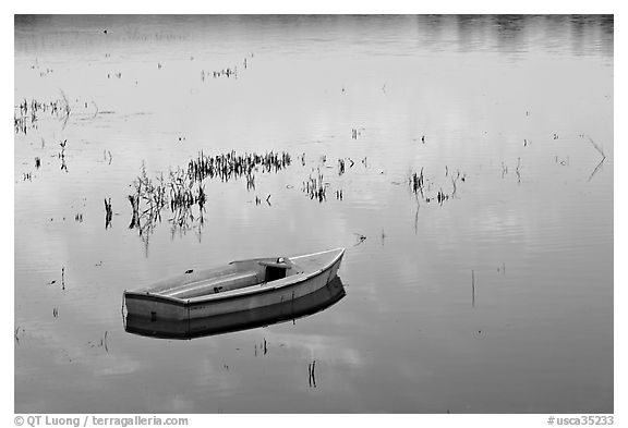 Rowboat in Lake Lagunata. Stanford University, California, USA (black and white)