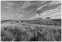 Grasses, fence, and parabolic antenna. Stanford University, California, USA ( black and white)