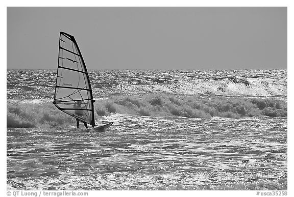 Windsurfer on silvery ocean, Waddell Creek Beach. California, USA (black and white)