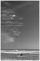 Kite surfers, waves, and ocean, Waddell Creek Beach. California, USA (black and white)