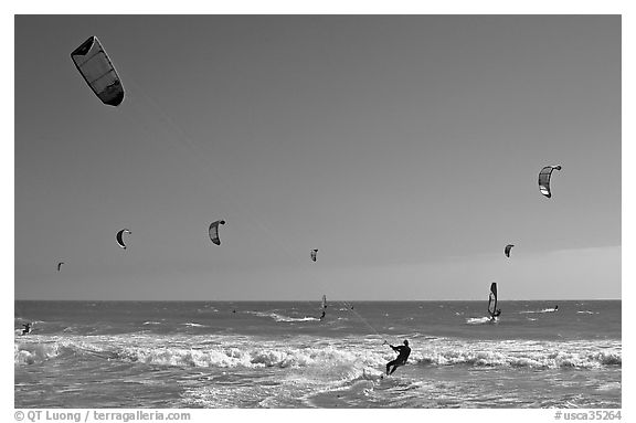 Kite surfing and wind surfing, Waddell Creek Beach. California, USA (black and white)