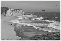 Beach and kite surfers from above, Scott Creek Beach. California, USA (black and white)