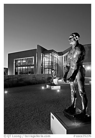 Rodin sculpture and Cantor Museum at night. Stanford University, California, USA (black and white)