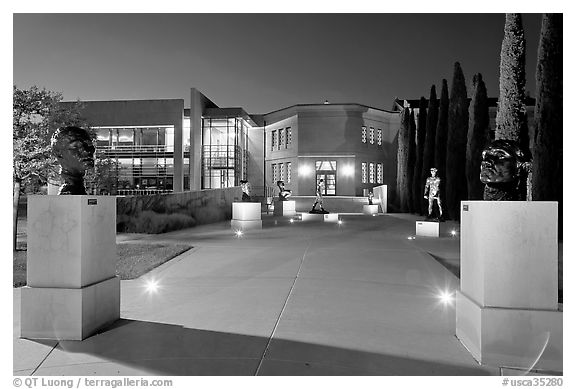 Cantor Art Center at night with Rodin sculpture garden. Stanford University, California, USA (black and white)